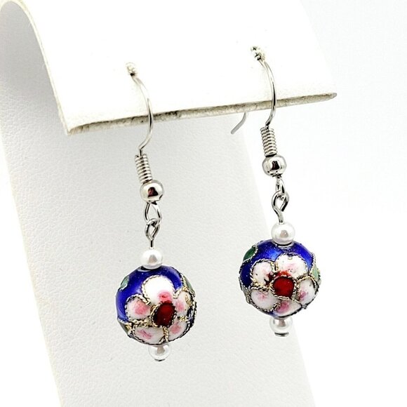 Artisan Blue Cloisonne Beaded Earrings Silver Tone French Ear Wires Drop Dangle - Picture 1 of 4